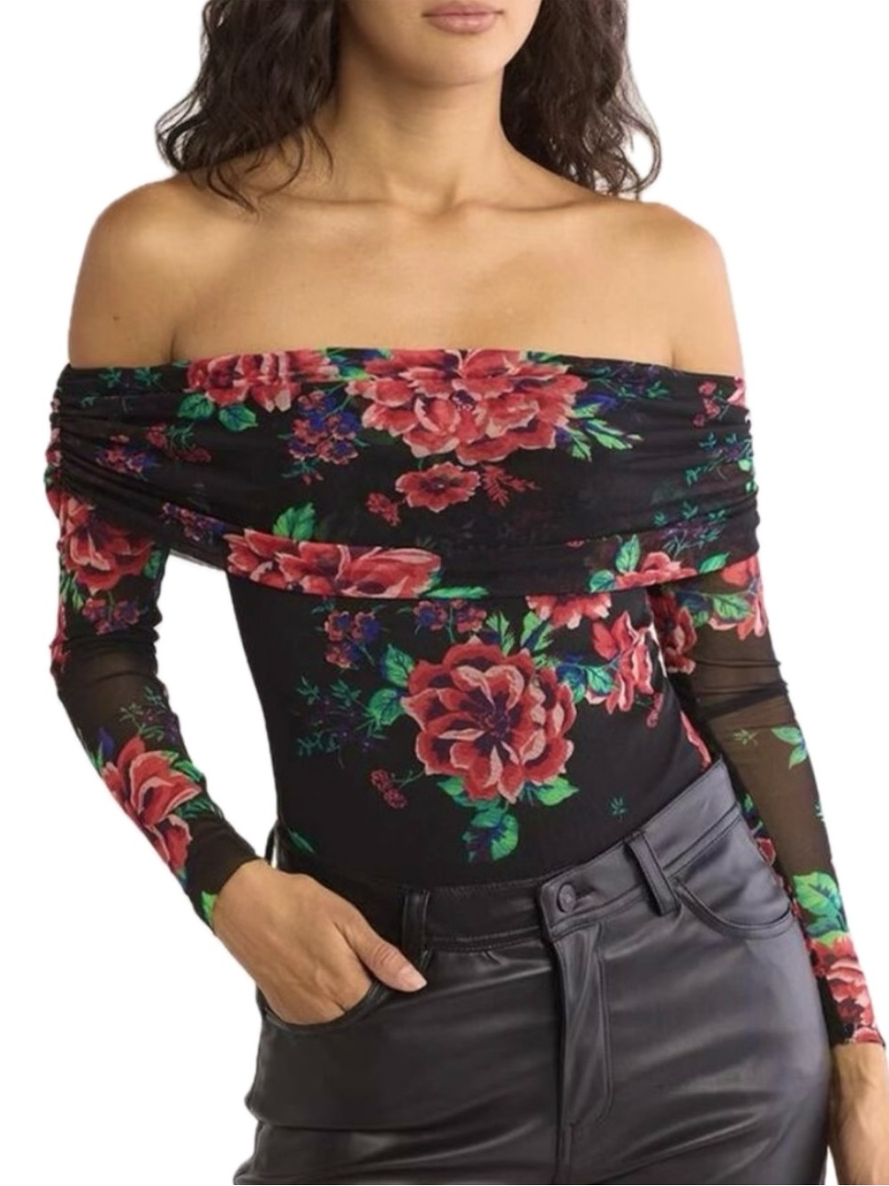 AFRM Rose Floral Sheer Mesh Off Shoulder Long Sleeve Bodysuit Size XL Black Red